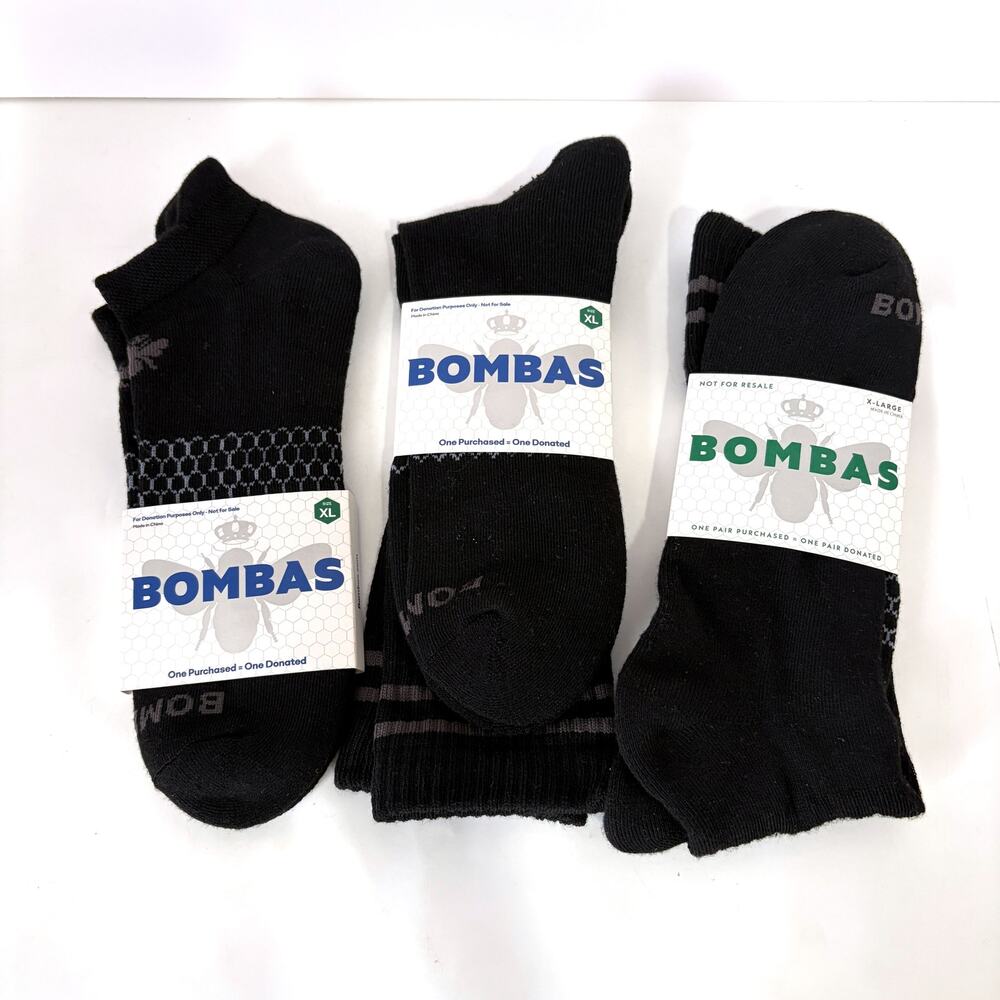 Bombas Socks Bundle of 3 Pairs Black XL Crew & Ankle New Donation Version